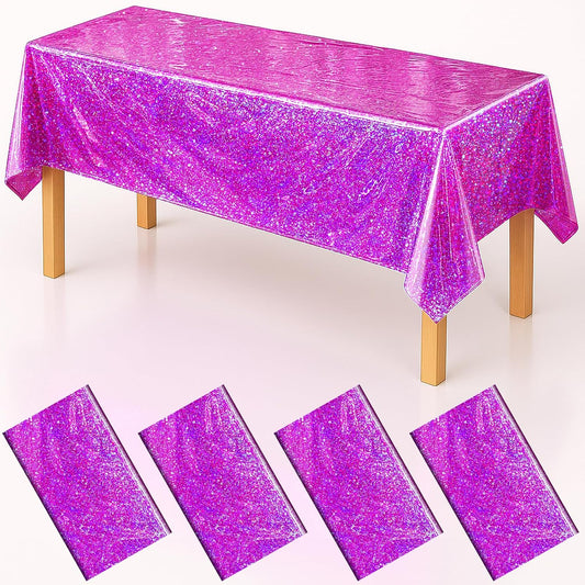 Iridescent Plastic Tablecloth 54" x 108" Shiny Party Table Cloth Rectangle Laser Disposable Table Covers Holographic Foil Party Decoration, Birthday, Wedding, Christmas Decorations (4, Pink Purple)