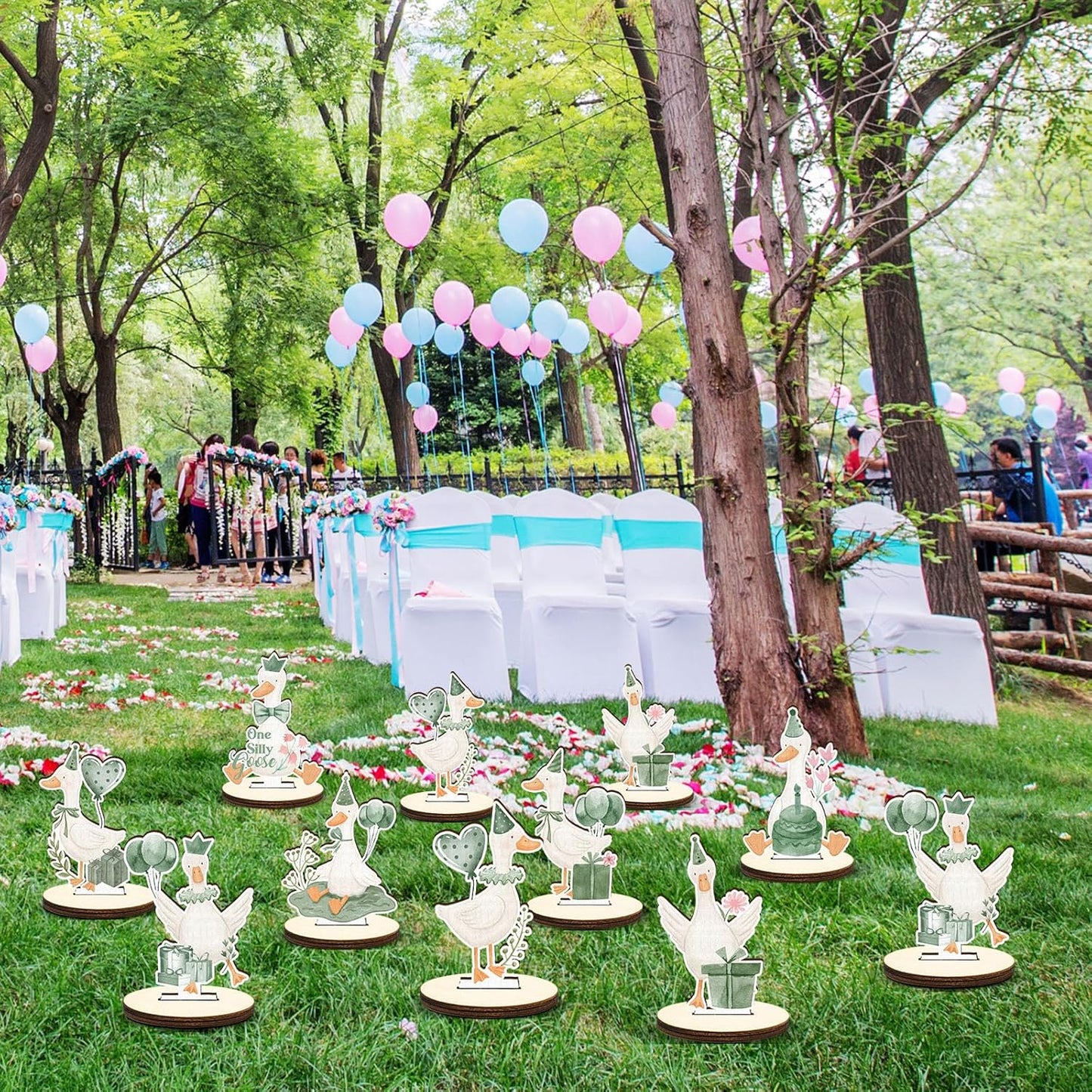 16 Pcs Wooden Baby Shower Table Centerpiece Sage Green One Silly Goose Tabletop Detachable Sign Boy Or Girl Gender Reveal Table Toppers Display Decoration 1st Birthday Photo Props Party Favor Supplies