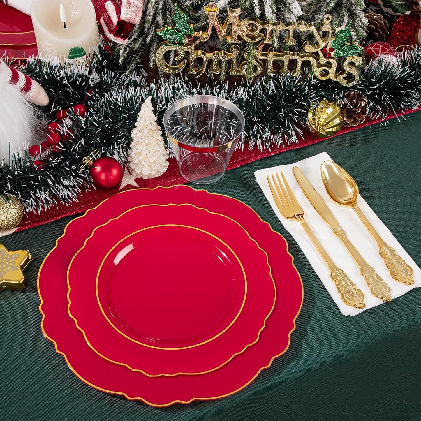 Liacere 350PCS Red Plastic Plates - Christmas Red Disposable Plates With Gold Rim - 50Guest Baroque Plastic Dinnerware include 100Plates-50Pack Pre Rolled Napkins with Silverware 50Cups for Christmas