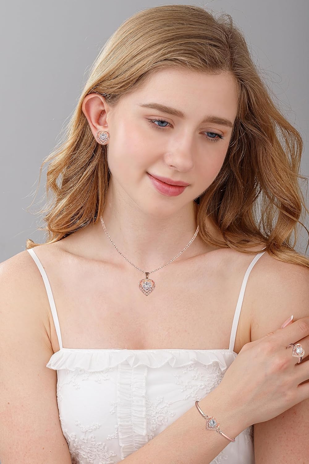 4pcs Cubic Zirconia Wedding Jewelry Sets for Bride Bridesmaid Cubic Zirconia Pendant Necklace Earrings Link Tennis Bracelet Open Ring Set for Women