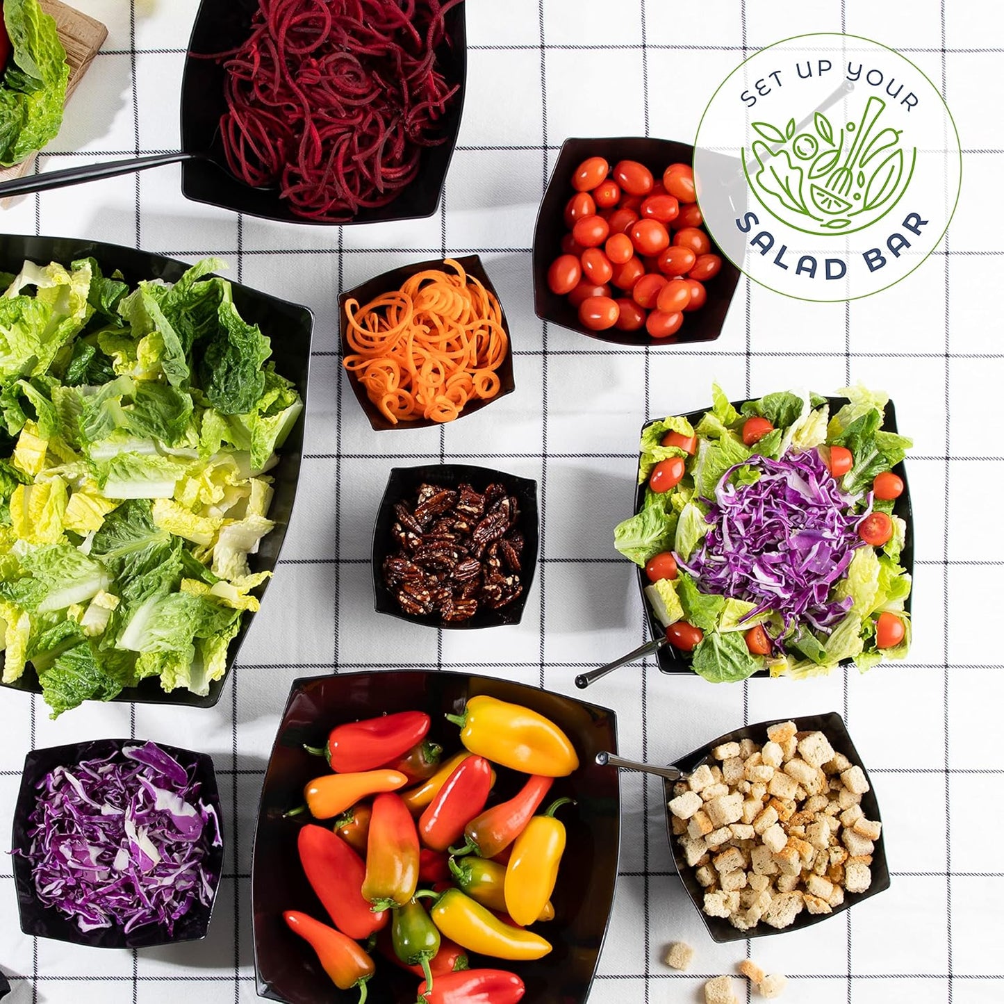 PLASTICPRO Disposable Square Serving Bowls, Party Snack or Salad Bowl, Plastic Black Pack of 4 128 OUNCE, Black