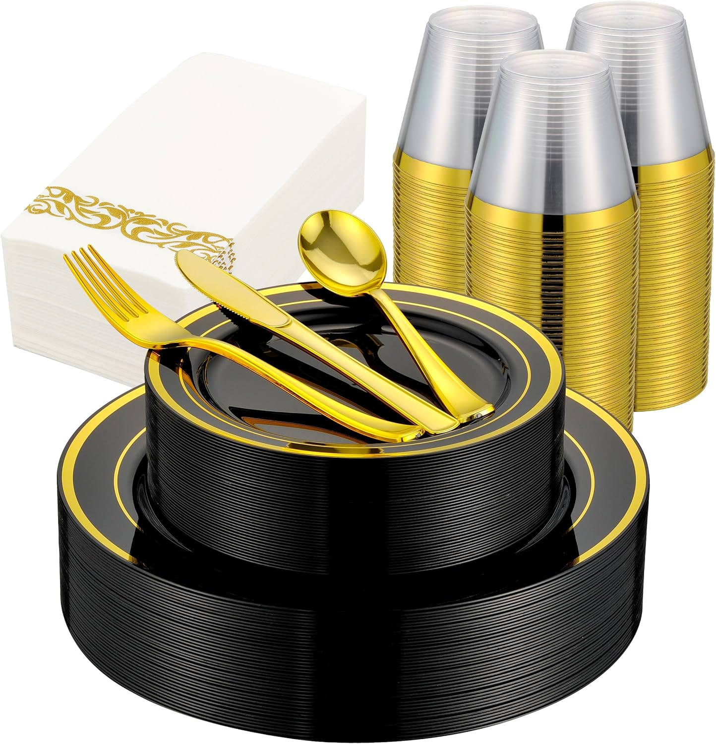 350 PCS Black and Gold Dinnerware Set for 50 Guests, Black Disposable Plates with Gold Rim for Party Wedding-50 Dinner Plates, Dessert Plates, Silverware Set,Napkins and Cups
