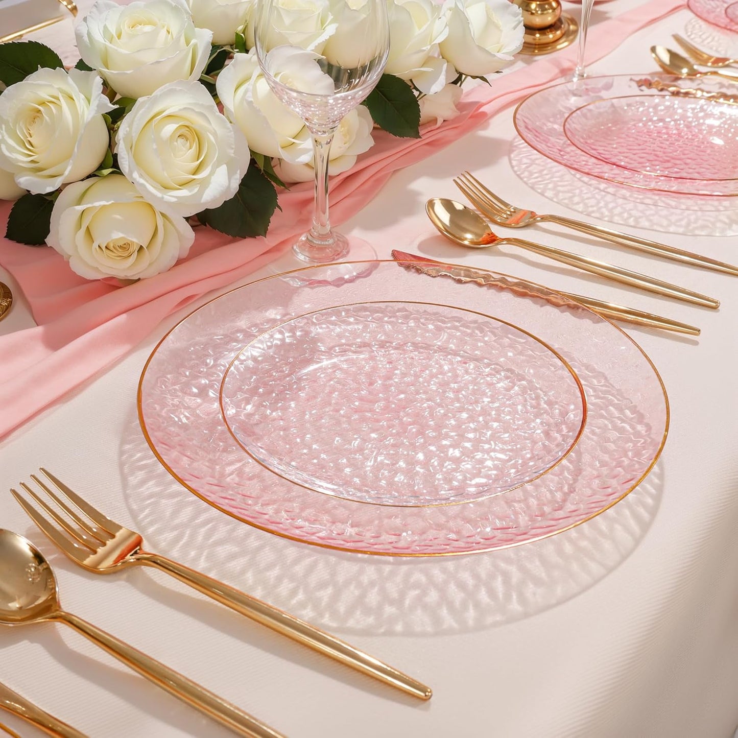 SUT 36Pcs Pink Plastic Plates, Hammered Plates Disposable Heavy Duty, Pink Disposable Plates With Gold Rim, Fancy Plastic plates Include 18 Dinner and 18 Dessert plates for Wedding