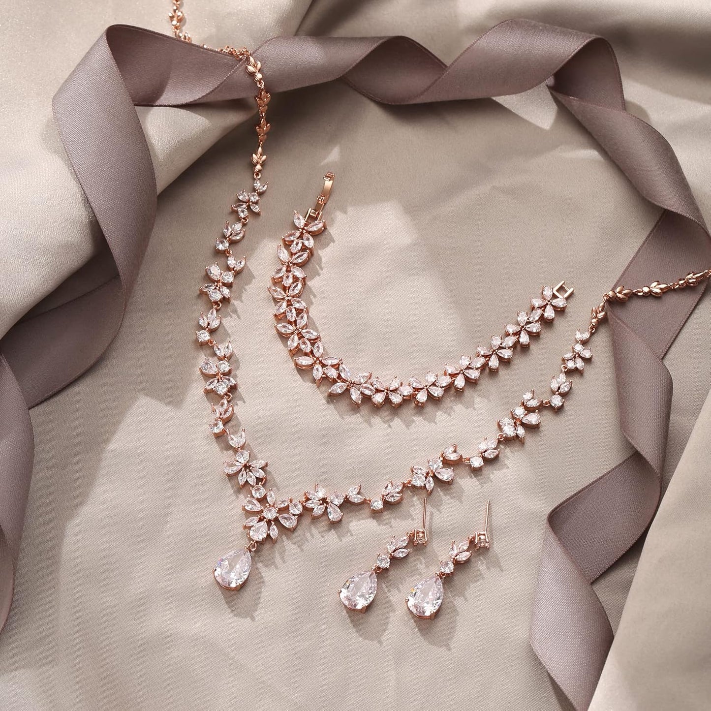 EVER FAITH Bridal Jewelry Set for Bride Bridesmaid, Flower Leaf Teardrop Cubic Zirconia Necklace Dangle Earrings Bracelet Sets Wedding Party for Women