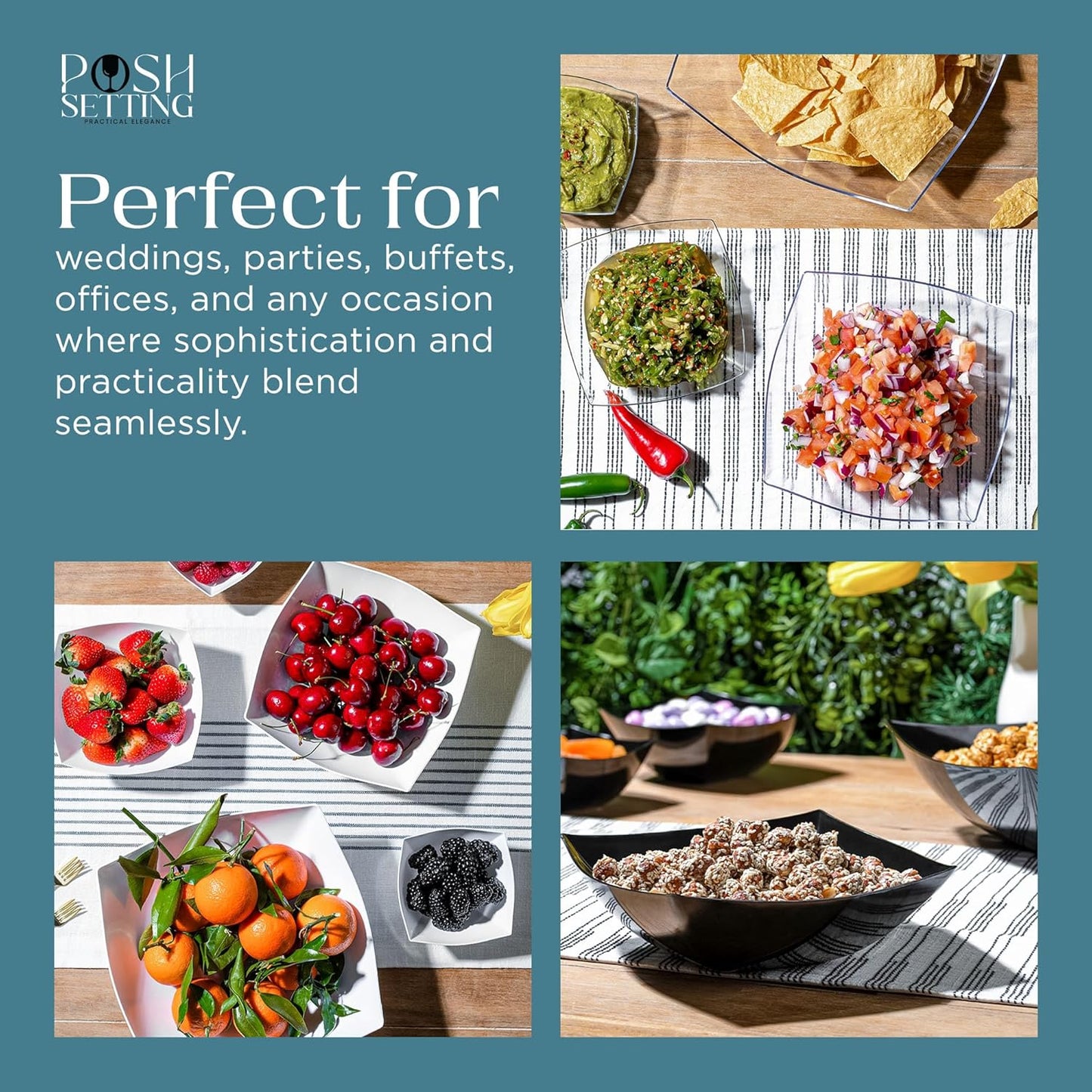 Posh Setting - White Plastic Square Serving Bowls for Party (16oz - 4 Pack), Disposable & Candy Containers for Party Table & Buffet