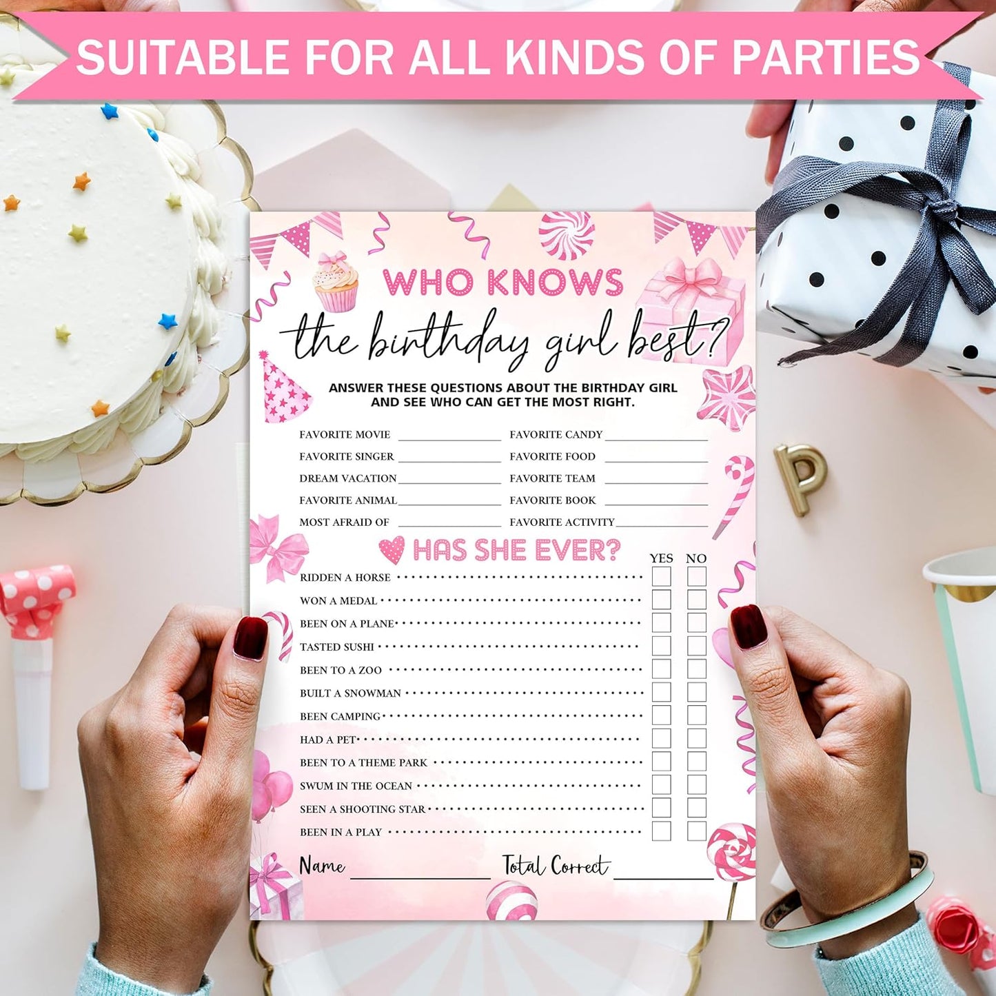 Birthday Party Games Card, Who Knows The Birthday Girl Best, Girls Sleepover Party Supplies for The Girls Card Game, 5x7 Inch Set of 25 Game Cards (Pink, Double-Sided) - A04