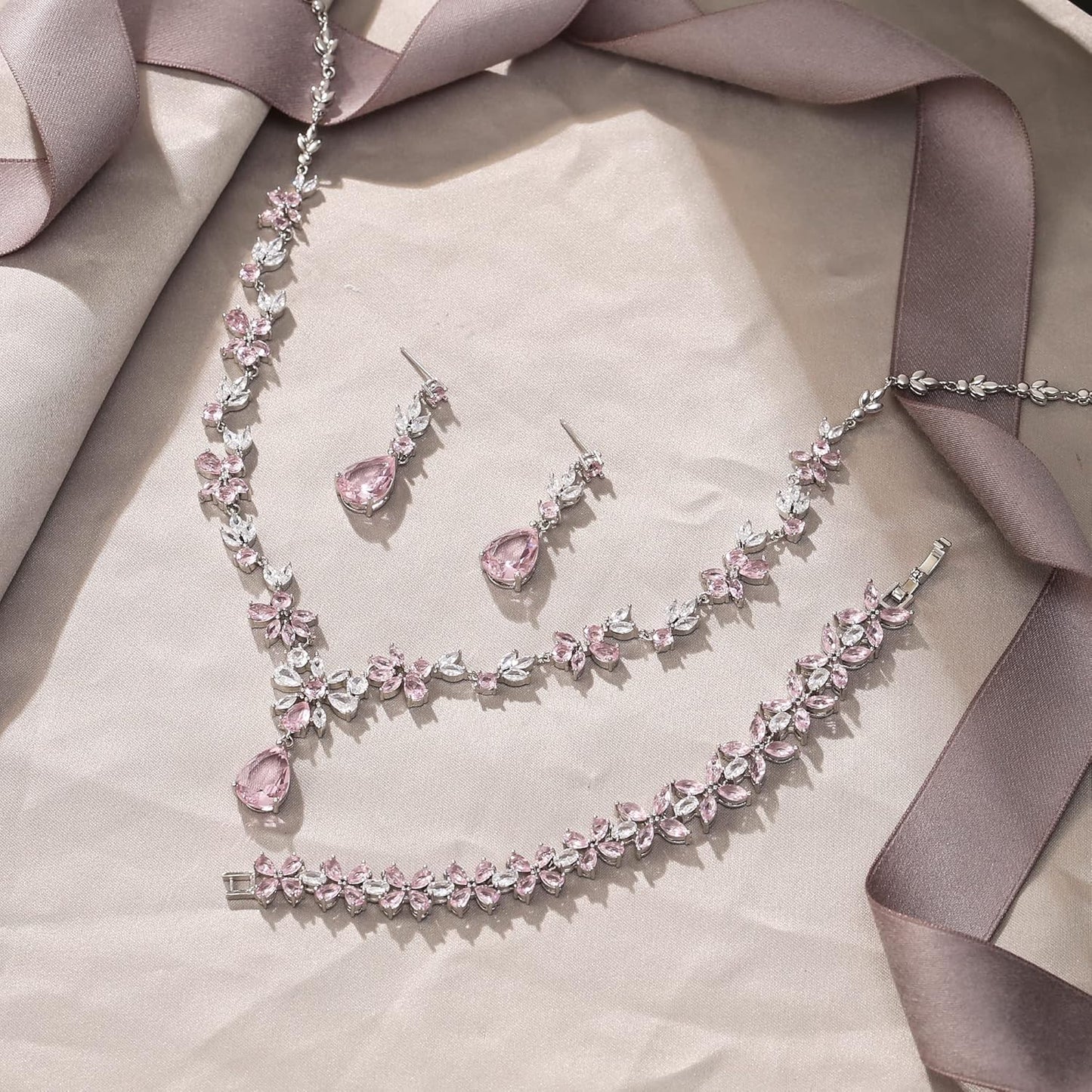 EVER FAITH Bridal Jewelry Set for Bride Bridesmaid, Flower Leaf Teardrop Cubic Zirconia Necklace Dangle Earrings Bracelet Sets Wedding Party for Women