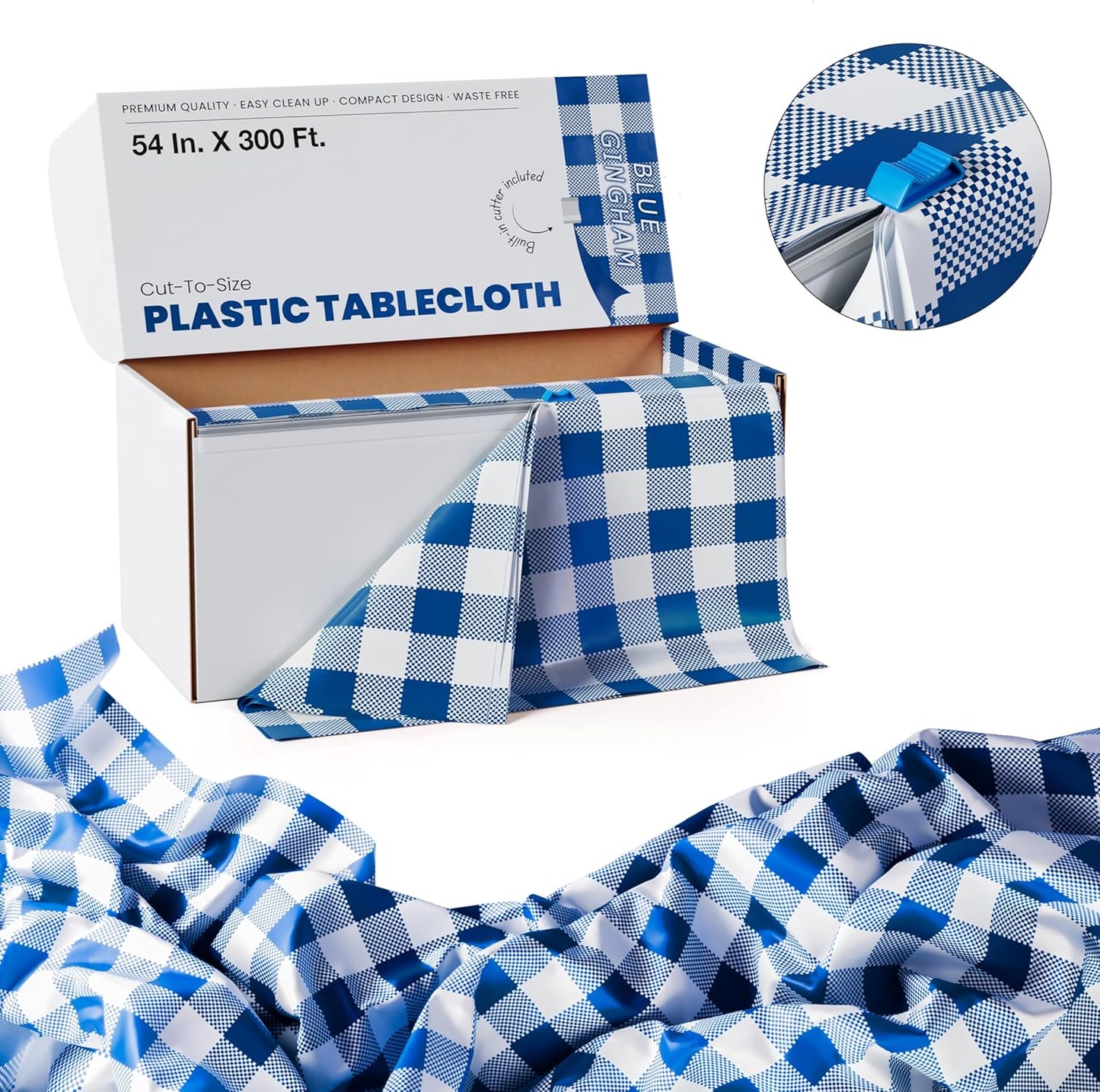 Party Solids 54 Inch X 300 Feet Blue Gingham Plastic Table Cover Roll in A Cut - to - Size Box with Convenient Slide Cutter. Cuts Up to 36 Rectangle 8 Feet Plastic Disposable Tablecloths