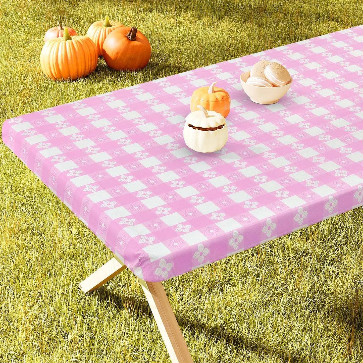 Rectangle Vinyl Table Cloth, Waterproof Elastic Fitted Tablecloth with Flannel Backing, Plastic Table Cover for Picnic, Camping, Outdoor (White & Pink, 24"x48")