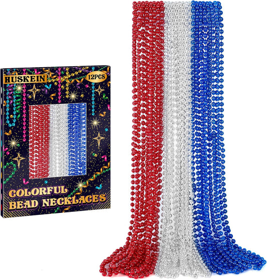12 PCS 4th of July Beads Necklaces, 33" Red Silver Blue Beaded Necklaces Bulk, Patriotic Round Beads, Independence Day Parade Suppliesfor Fourth of July Party Accessories Decorations Favors