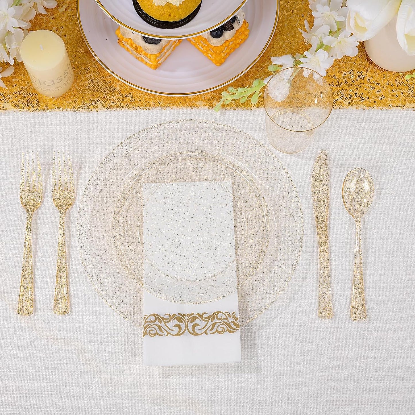 Supernal 400pcs Gold Glitter Plastic Dinnerware, Disposable Plates for Party Include 50 Gold Plastic Plate, 50pcs Dessert Plate 100 Glitter Forks, 50 Disposable Knives and Spoons, 50Cups and Napkins