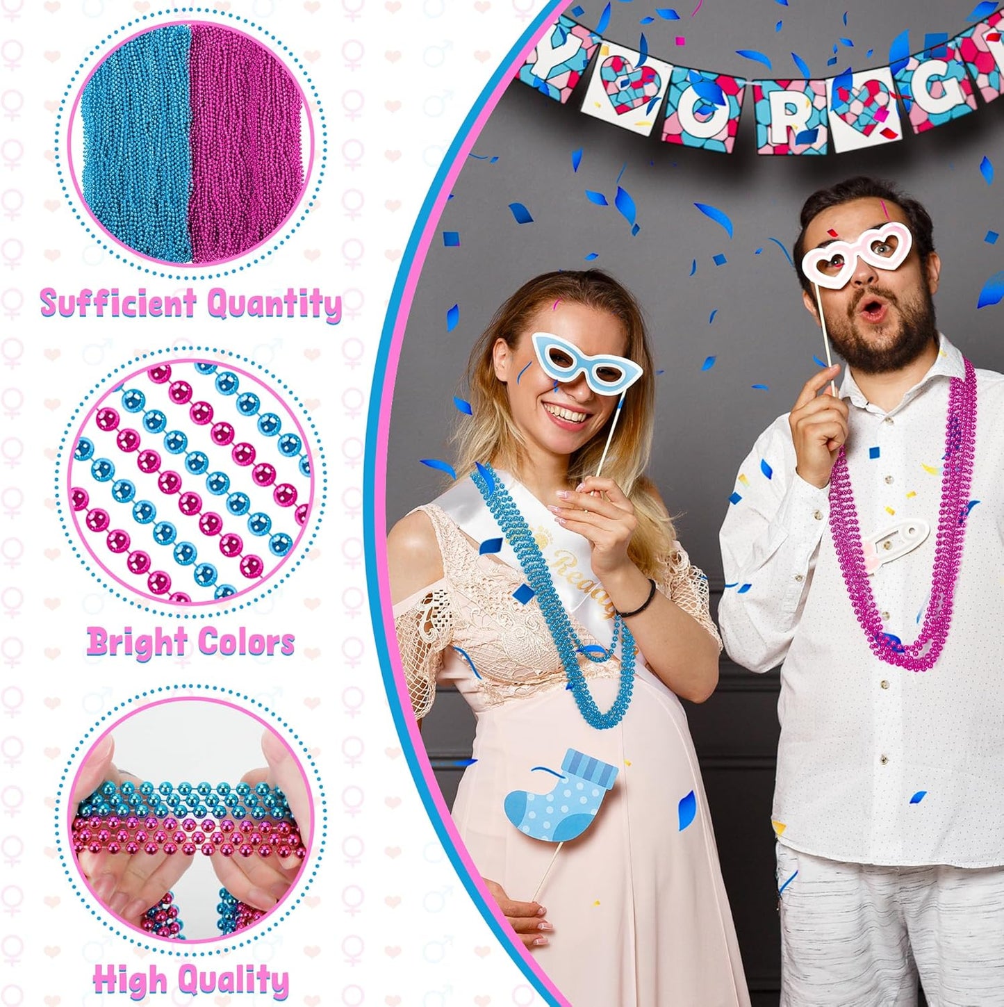 120 PCS Baby Gender Reveal Beads, 33'' Gender Reveal Necklace Decorations, Pink and Blue Round Bead Necklaces Bulk for Team Boy Team Girl, Creative Baby Gender Reveal Party Supplies Accessories