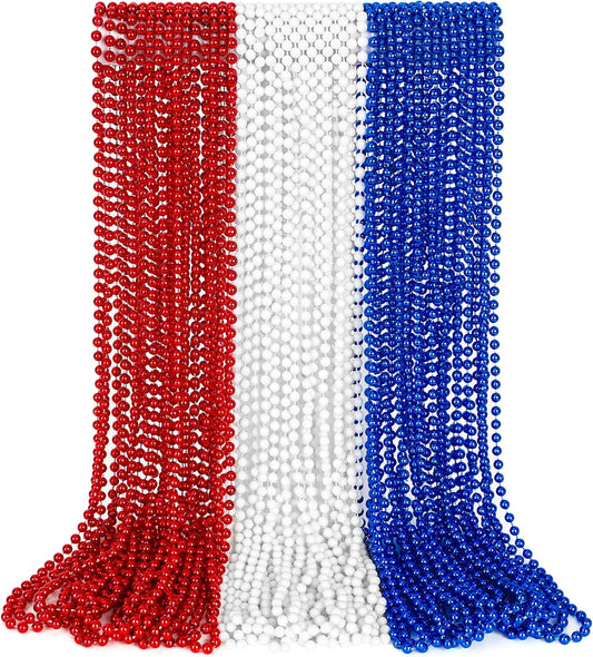 4th of July Necklace Decorations, 30PCS 4th of July Beads Necklaces Accessories, Metallic Patriotic Independence Day Red Blue White Bulk, Beads Necklace for Memorial Day Patriotic Parades Party Favors