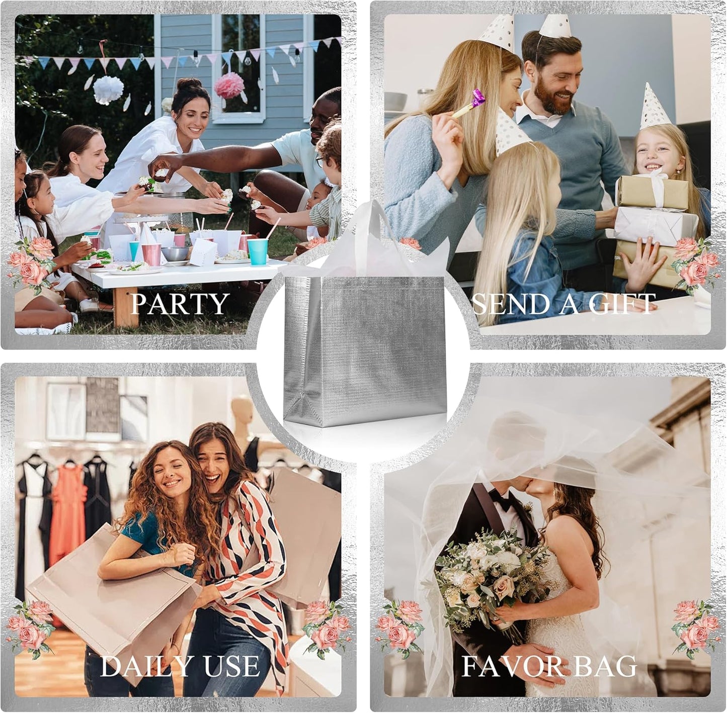 cabzymx 25 Pcs Silver Reusable Gift Bags with Metallic Design, Non-woven Gift Bag Bulk with Handles, Glossy Party Bags for Wrapping Gifts, Birthday, Wedding, Parties, Graduation-12.6x4.7x11 In