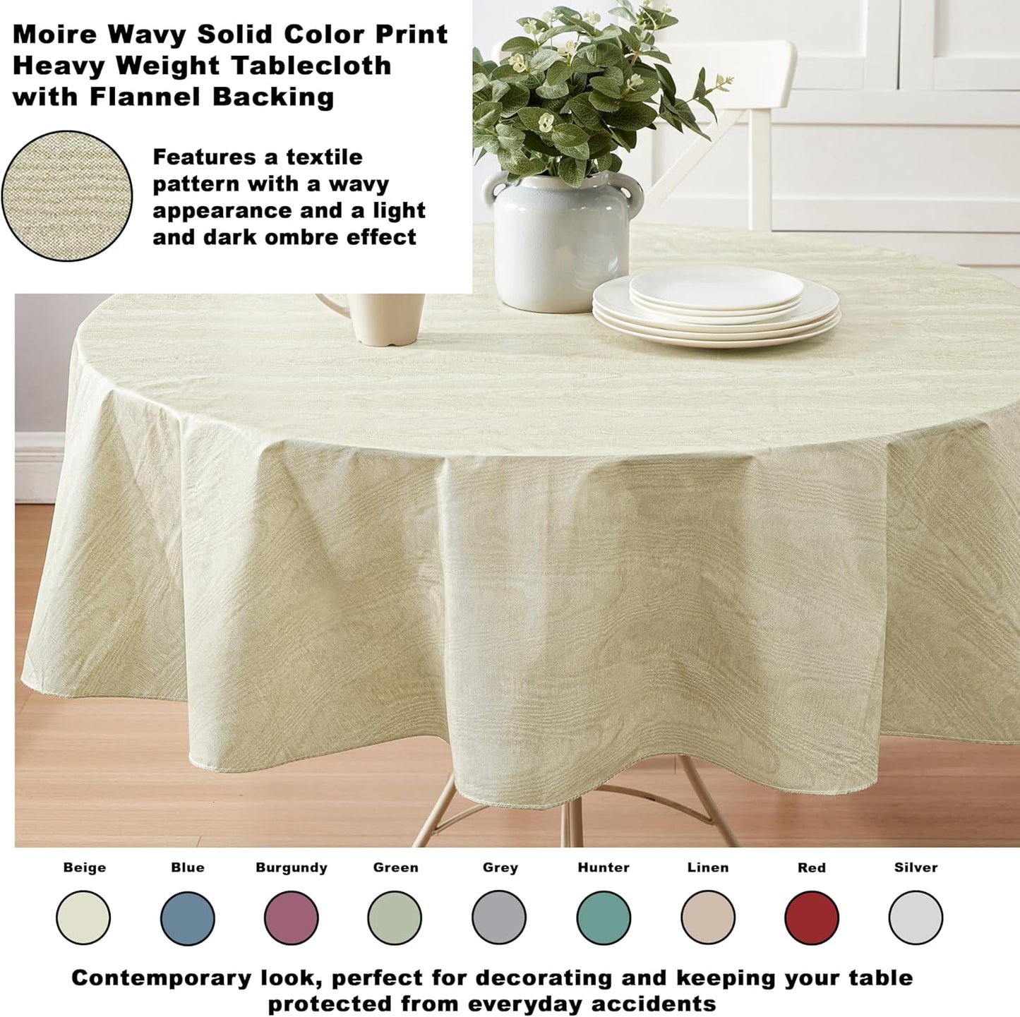 Newbridge Vinyl Flannel Backed Tablecloth, 70 inch Round, Beige Moire Wavy Solid Design, Heavyweight Indoor Outdoor Waterproof Table Cover, Easy Care Wipe Clean