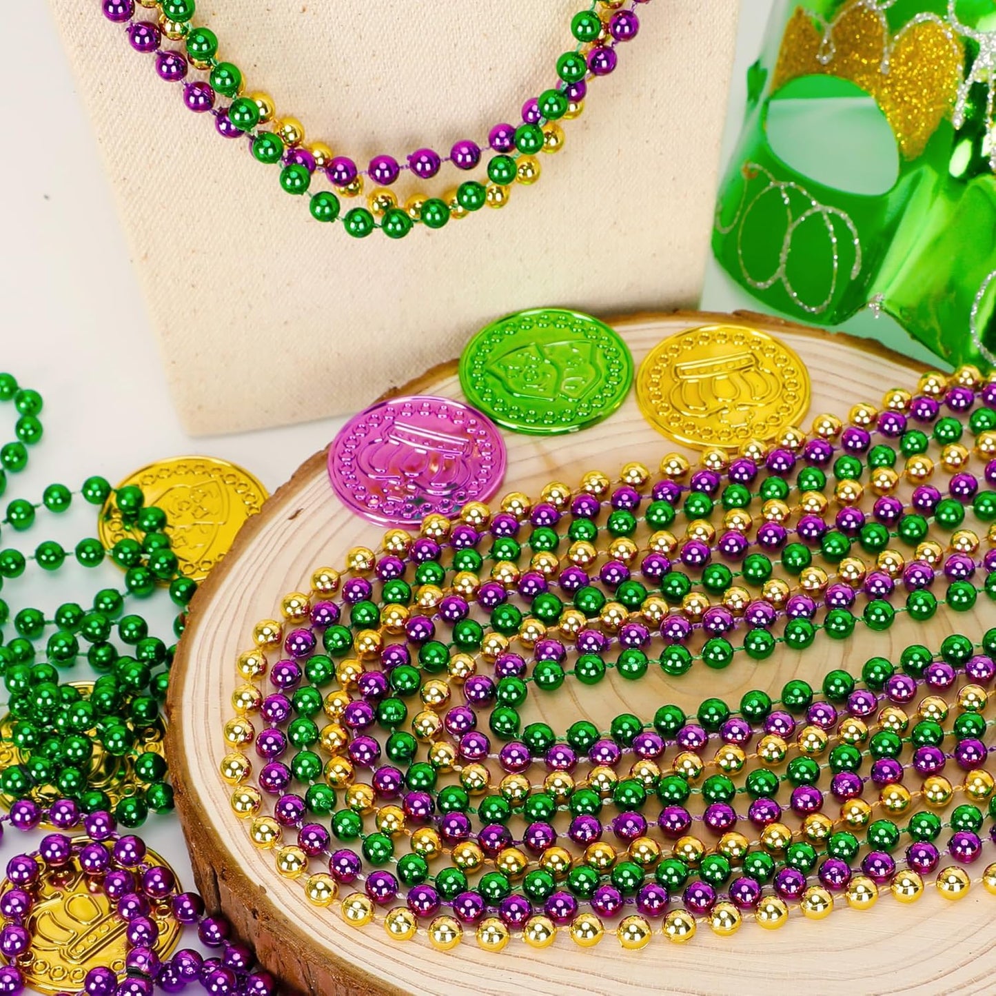 200PCS Mardi Gras Beads, 33" Bead Necklace, Mardi Gras Accessories, Purple Gold Green Party Beads Parade Throws Bulk for Christmas Pirate Baby Shower Wedding Birthday Party Supplies Decor
