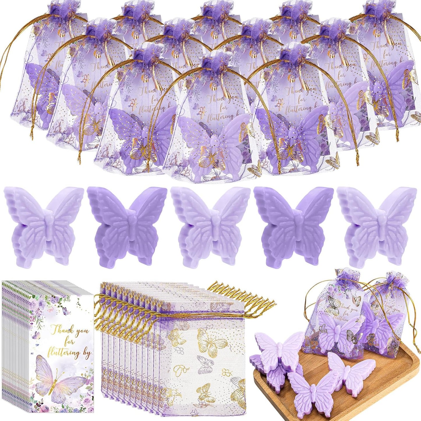 Dunzy 30 Sets Butterfly Theme Baby Shower Favors for Guests Christmas Butterfly Soap Favors with Thanks You Cards Gender Reveal Baptism Party Decorations Wedding Bridal Souvenirs (Purple,Light Purple)