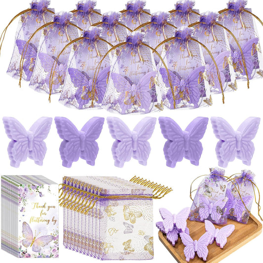 Dunzy 30 Sets Butterfly Theme Baby Shower Favors for Guests Christmas Butterfly Soap Favors with Thanks You Cards Gender Reveal Baptism Party Decorations Wedding Bridal Souvenirs (Purple,Light Purple)