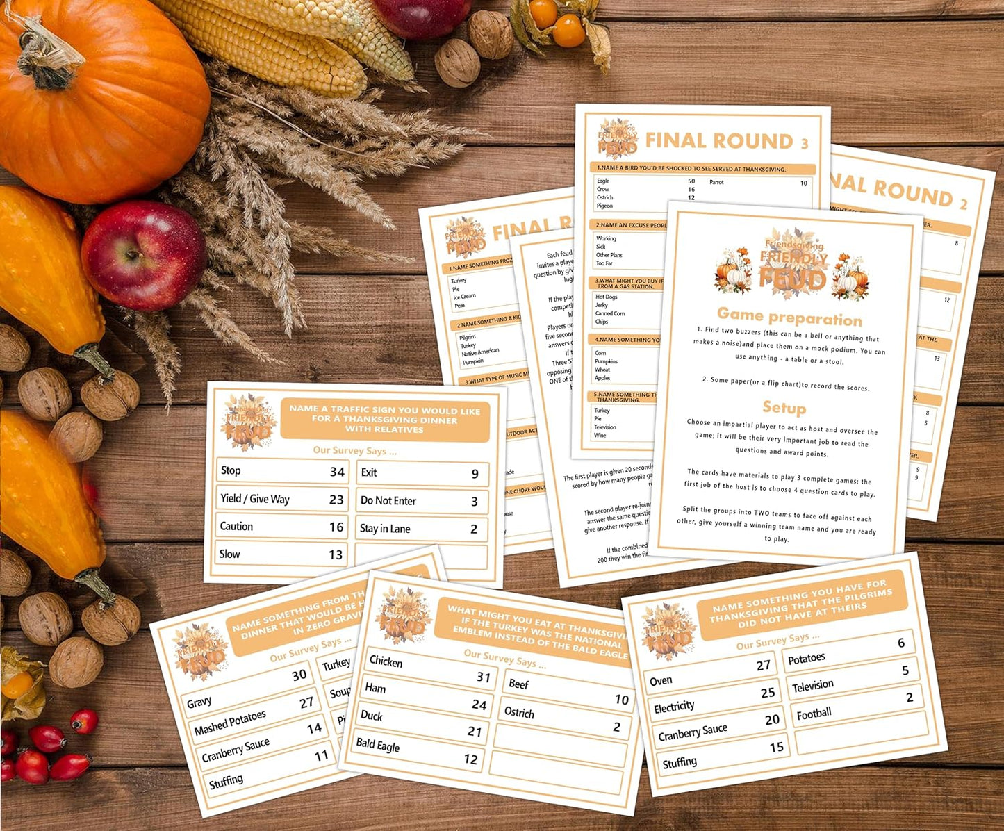 Thanksgiving Friendly Family Feud Game, Feud Trivia Quiz, Baby Shower Game for Family Activity (12 Question Cards & 3 Final Round Cards) Thanksgiving Games for Family Party Decorations Supplies-SG3