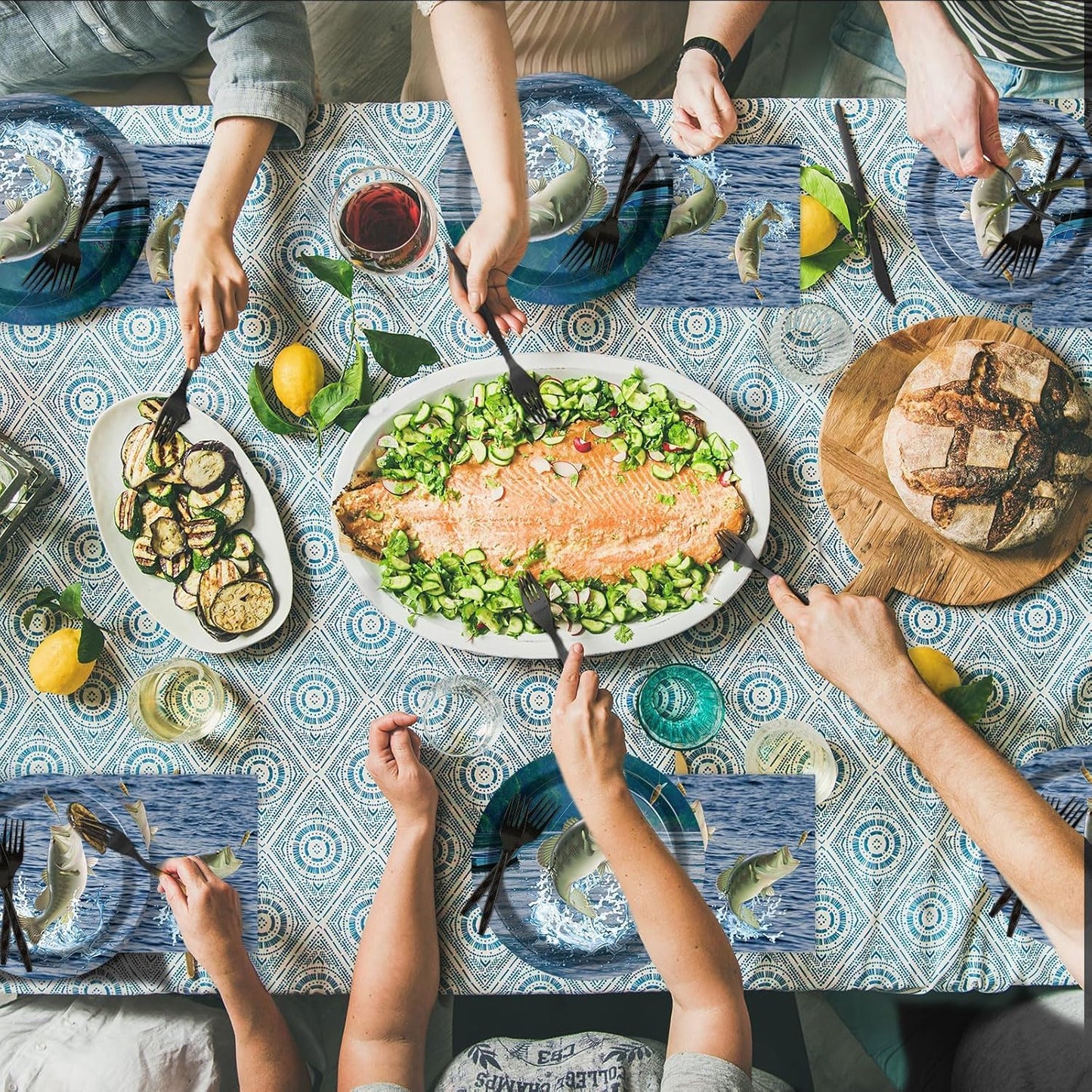 ZOIIWA 200 PCS Gone Fishing Tableware Disposable Paper Plates Napkins Fishing Tournament Birthday Party Supplies Dinnerware Set Napkins Party Decoration Serve 50 guest