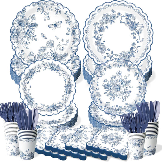 Blue Floral Plates and Napkins Tableware Sets - Serves 24, Includes Flower Paper Plates, Napkins Cups Knives Forks, Vintage Floral Plate for Wedding Bridal Tea Party Supplies
