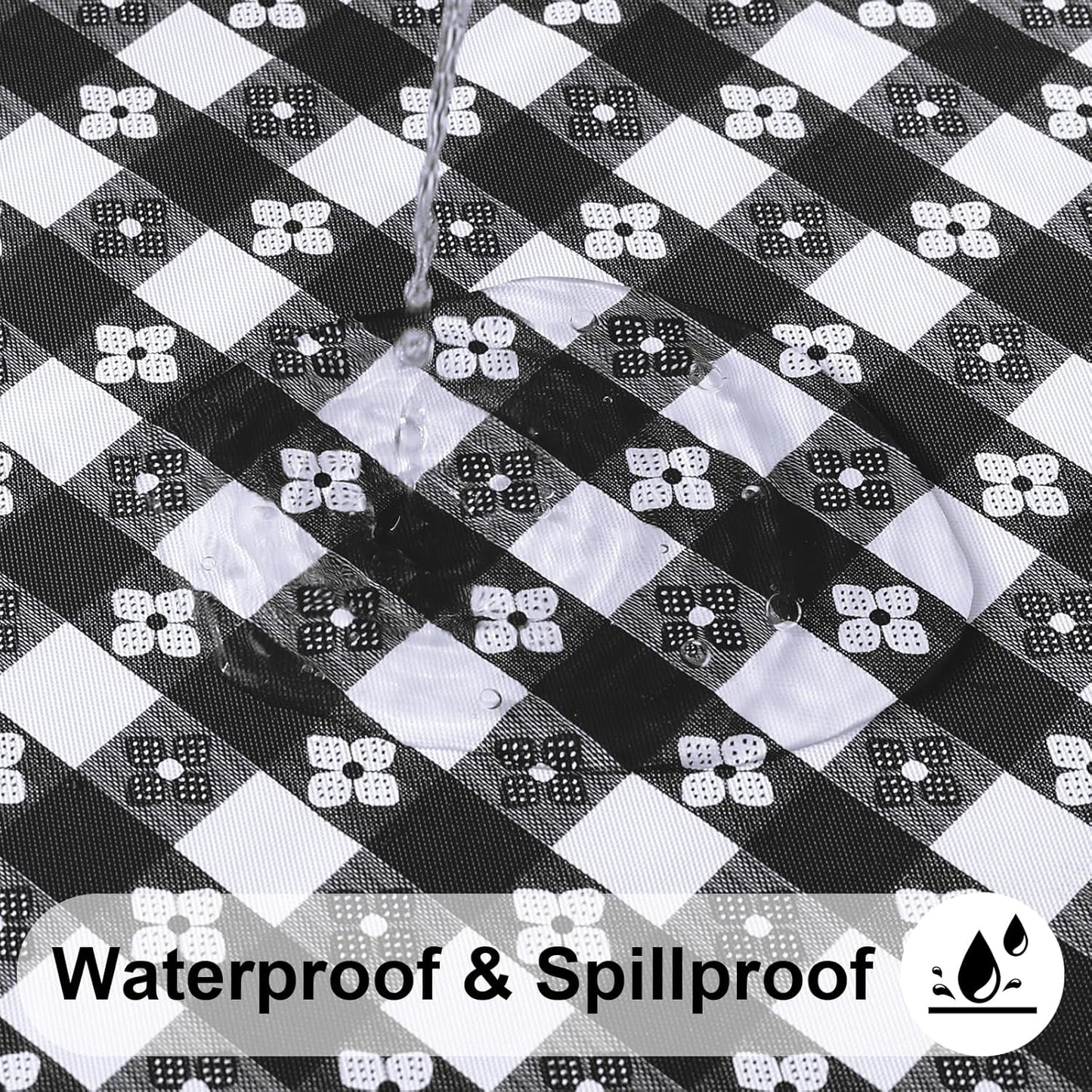 Round Vinyl Table Cloth, Waterproof Elastic Fitted Tablecloth with Flannel Backing, Plastic Table Cover for Picnic, Camping, Outdoor (Black & White, 36" - 44")