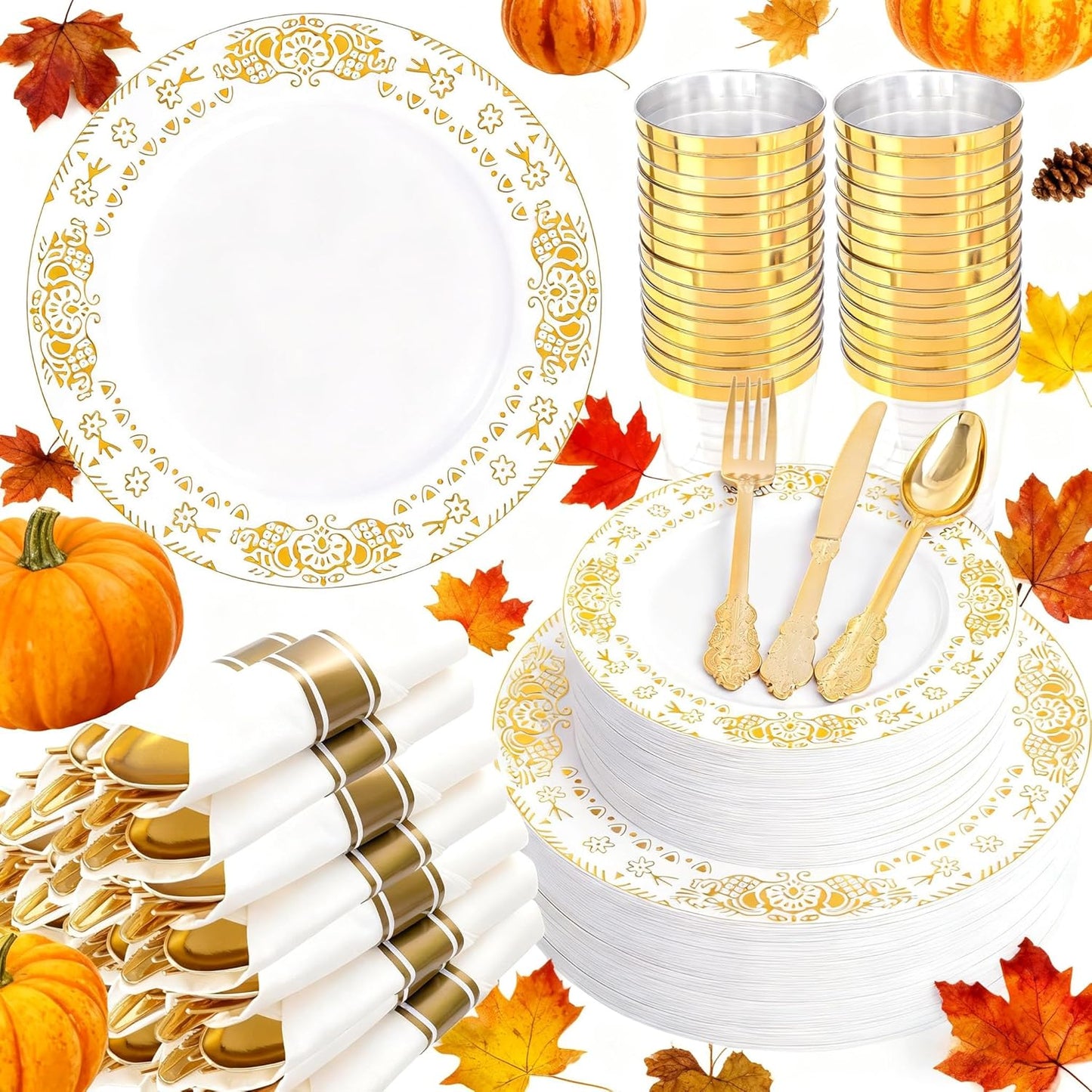 GATHER 350PCS White and Gold Plastic Plates - Gold Disposable Dinnerware Set Include 50 Dinner Plates, 50 Dessert Plates, 150 Gold Plastic Silverware, 50 Napkins, 50 Cups for Wedding & Thanksgiving