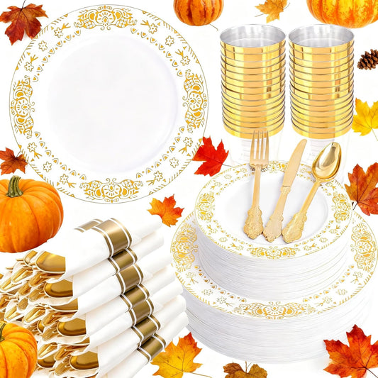GATHER 350PCS White and Gold Plastic Plates - Gold Disposable Dinnerware Set Include 50 Dinner Plates, 50 Dessert Plates, 150 Gold Plastic Silverware, 50 Napkins, 50 Cups for Wedding & Thanksgiving
