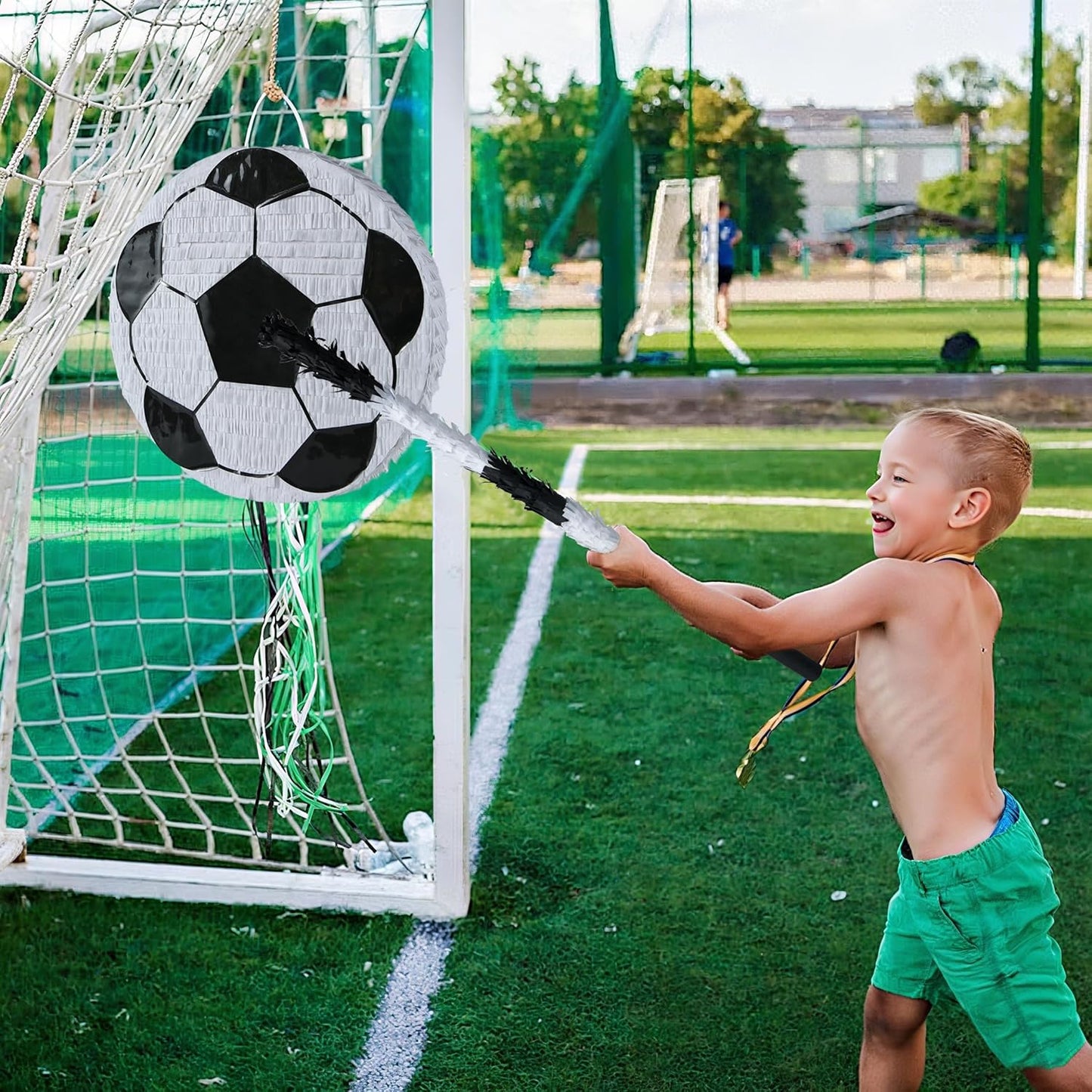 PCFING 18 Inch Soccer Piñata with 30 Inch Piñata Stick Blindfold Confetti for Boys Girls Adults Birthday Party Game Decorations, Anniversary Celebration, Fiesta