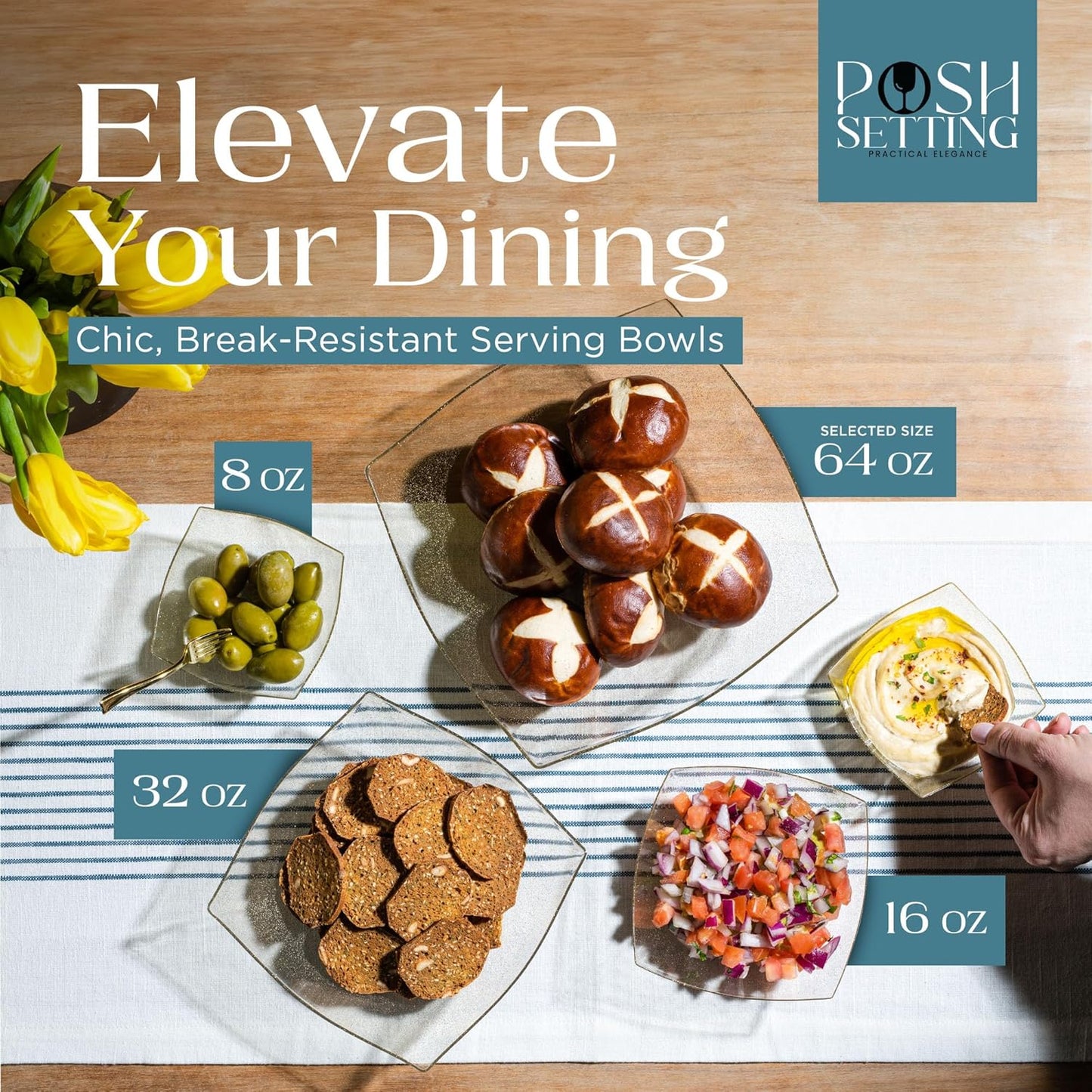 Posh Setting - Gold Glitter Plastic Serving Bowls for Party (64oz - 4 Pack) Square Bowls, Disposable Chip Bowls, Candy Bowls for Party Table, Salad Bowls for Party, Candy Containers for Candy Buffet