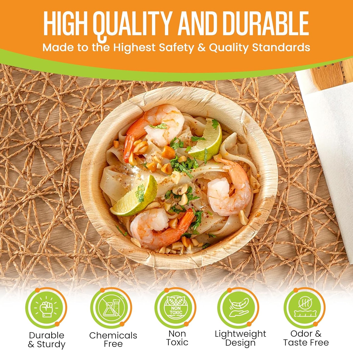 Raj Disposable Palm Leaf Bowls (50 Count, 6" Bowls) Strong Bowl Like Bamboo Party Bowl - Decorative Compostable Tableware for Lunch, Dinner, Birthday, Outdoor, BBQ, Picnic, Parties