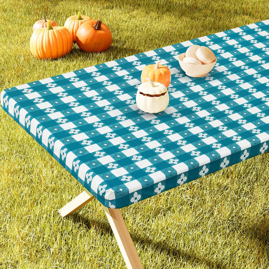 Rectangle Vinyl Table Cloth, Waterproof Elastic Fitted Tablecloth with Flannel Backing, Plastic Table Cover for Picnic, Camping, Outdoor (White & Turquoise, 30"x48")