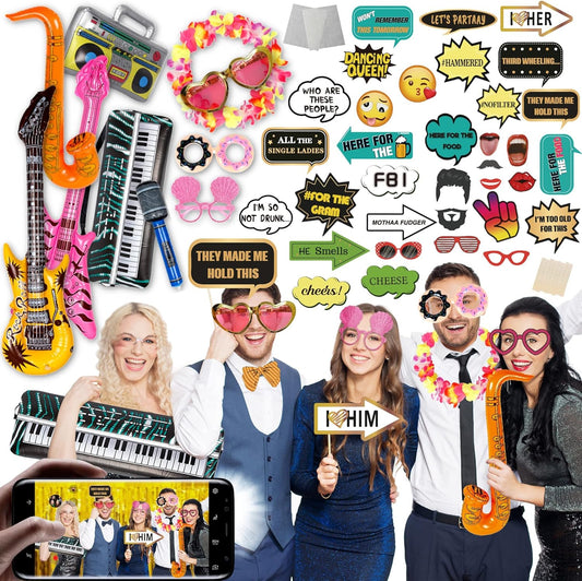 SOUL SHIFT 70 Pc Large Premium Photo Booth Props Set for All Occasions - Wedding Props, Birthday Props, Graduation Prop, Inflatables, Large Glasses, Multi-Colored Wig, Hawaiian Lei, Hand Pump