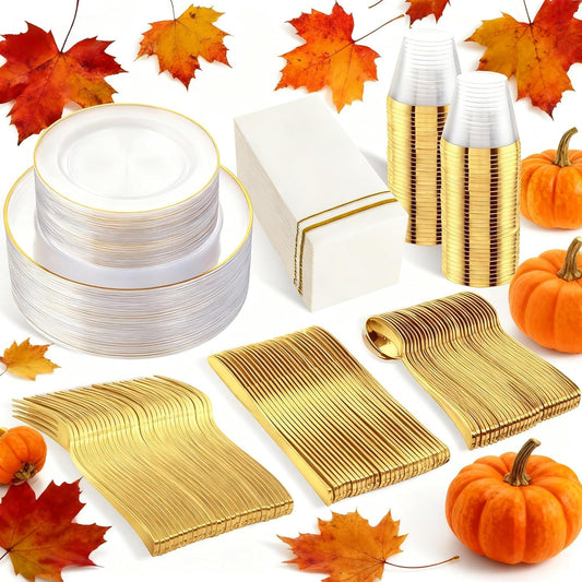 SUT 350Pcs Plastic Dinnerware Set for 50 Guests, Clear and Gold Plastic Plates, Disposable Plates and Napkins Party Supplies, Gold Silverware, Plates, Cups and Napkins Sets for Party Weddings
