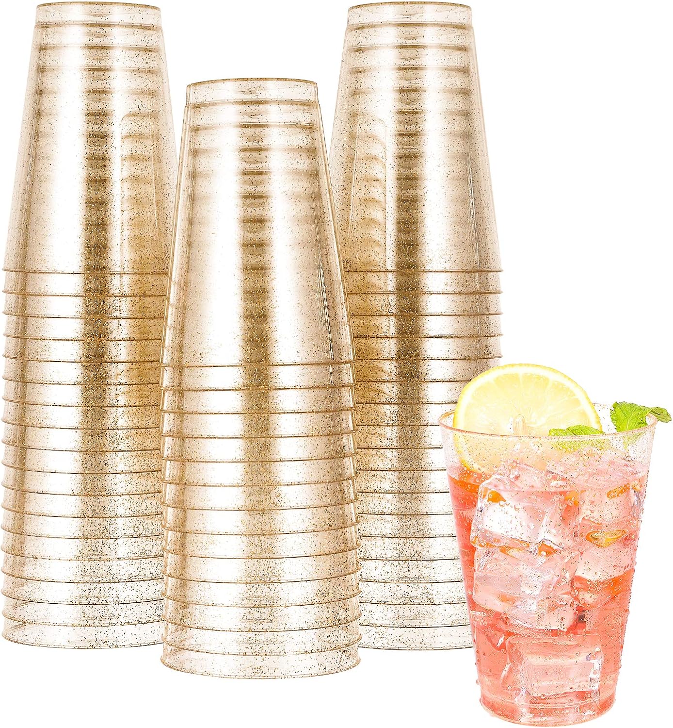 JOLLY CHEF 14 oz 50 Pack Gold Plastic Cups, Disposable Gold Glitter Plastic Cups Tumblers, Ideal for Wedding Halloween, Thanksgiving, Christmas Parties