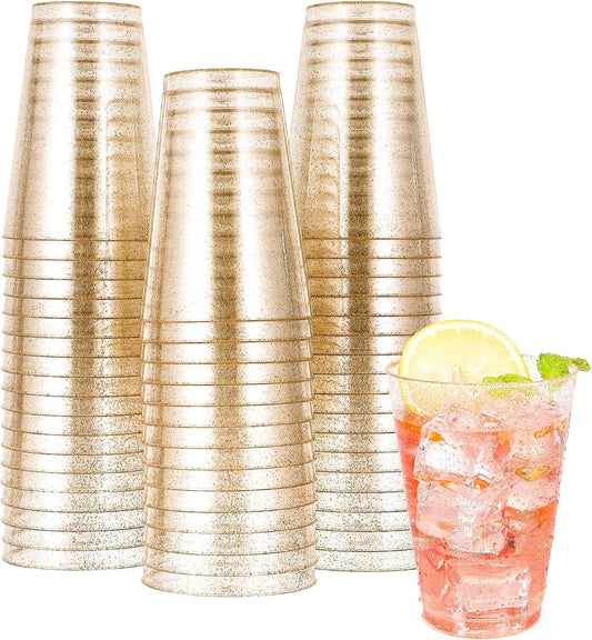 JOLLY CHEF 14 oz 50 Pack Gold Plastic Cups, Disposable Gold Glitter Plastic Cups Tumblers, Ideal for Wedding Halloween, Thanksgiving, Christmas Parties