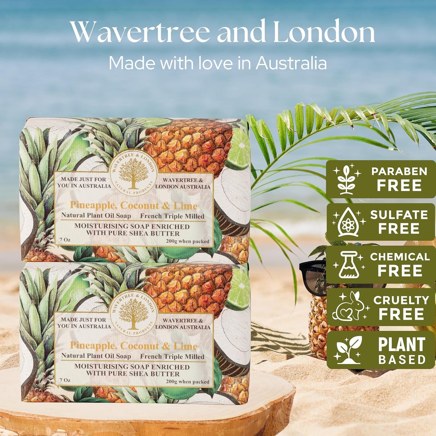 Wavertree & London Pineapple, Coconut & Lime Scented Natural Soap (2 Bars), 7oz Moisturizing French Triple Milled Soap Bars enriched with shea butter - Pure Plant Oil Bath & Body Soap Bars