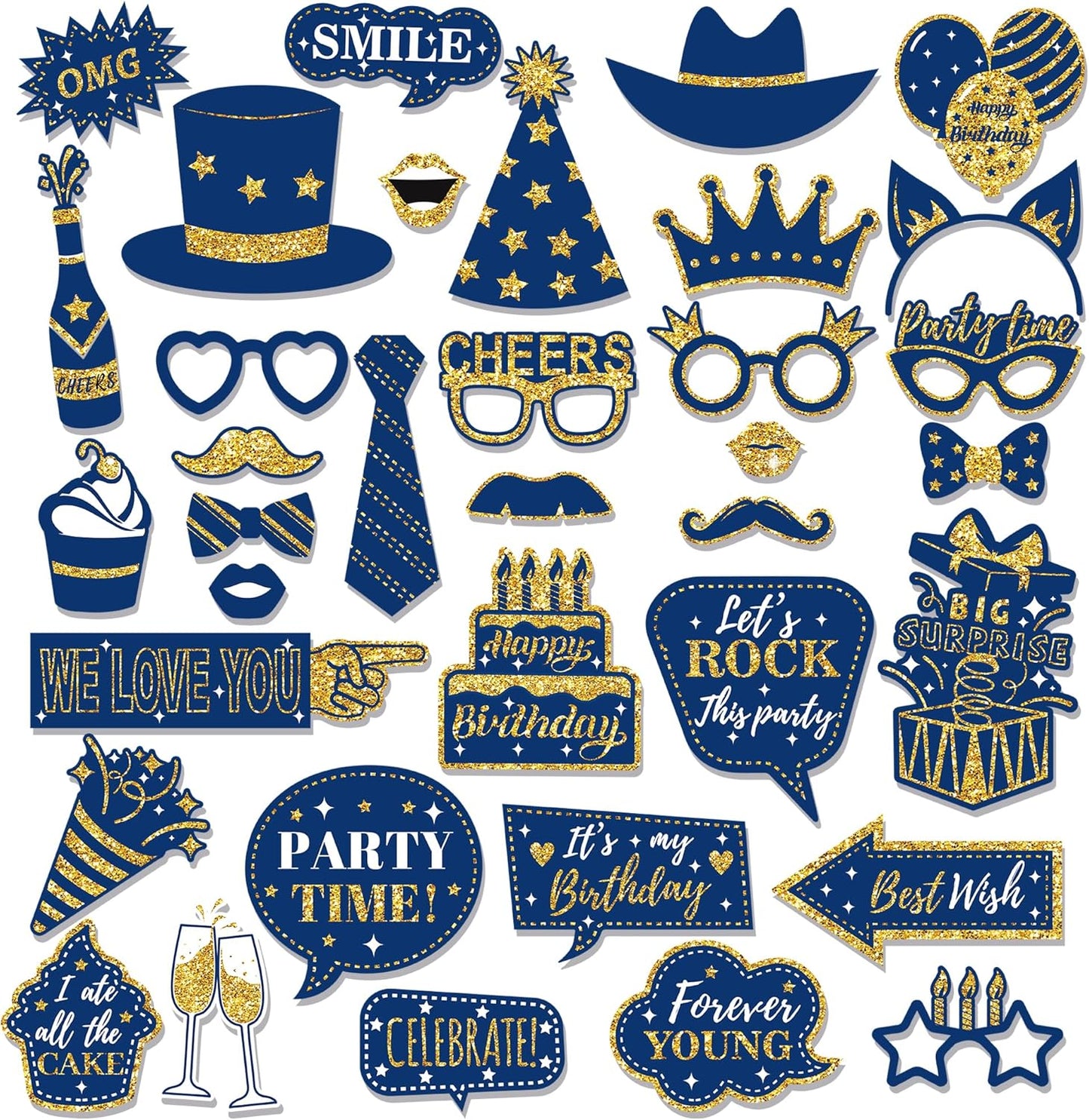36 PCS Photo Booth Props Party Supplies Holiday Picture Decorations Blue Paper Photo Props for Birthday Party Favors Pose Sign Kit Fun