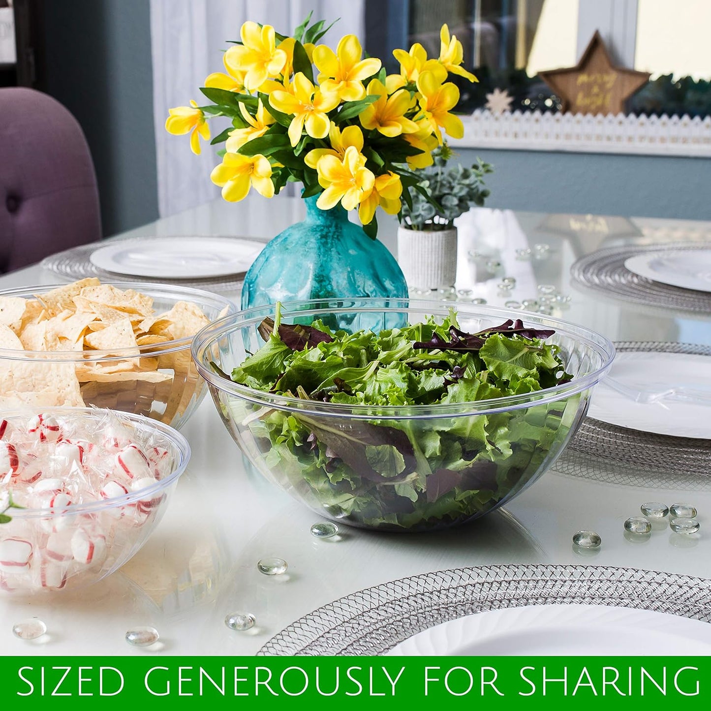 PLASTICPRO Disposable 48 Ounce Round Crystal Clear Plastic Serving Bowls, Party Snack or Salad Bowl, Chip Bowls, Snack Bowls, Candy Dish, Salad Container Pack of 8