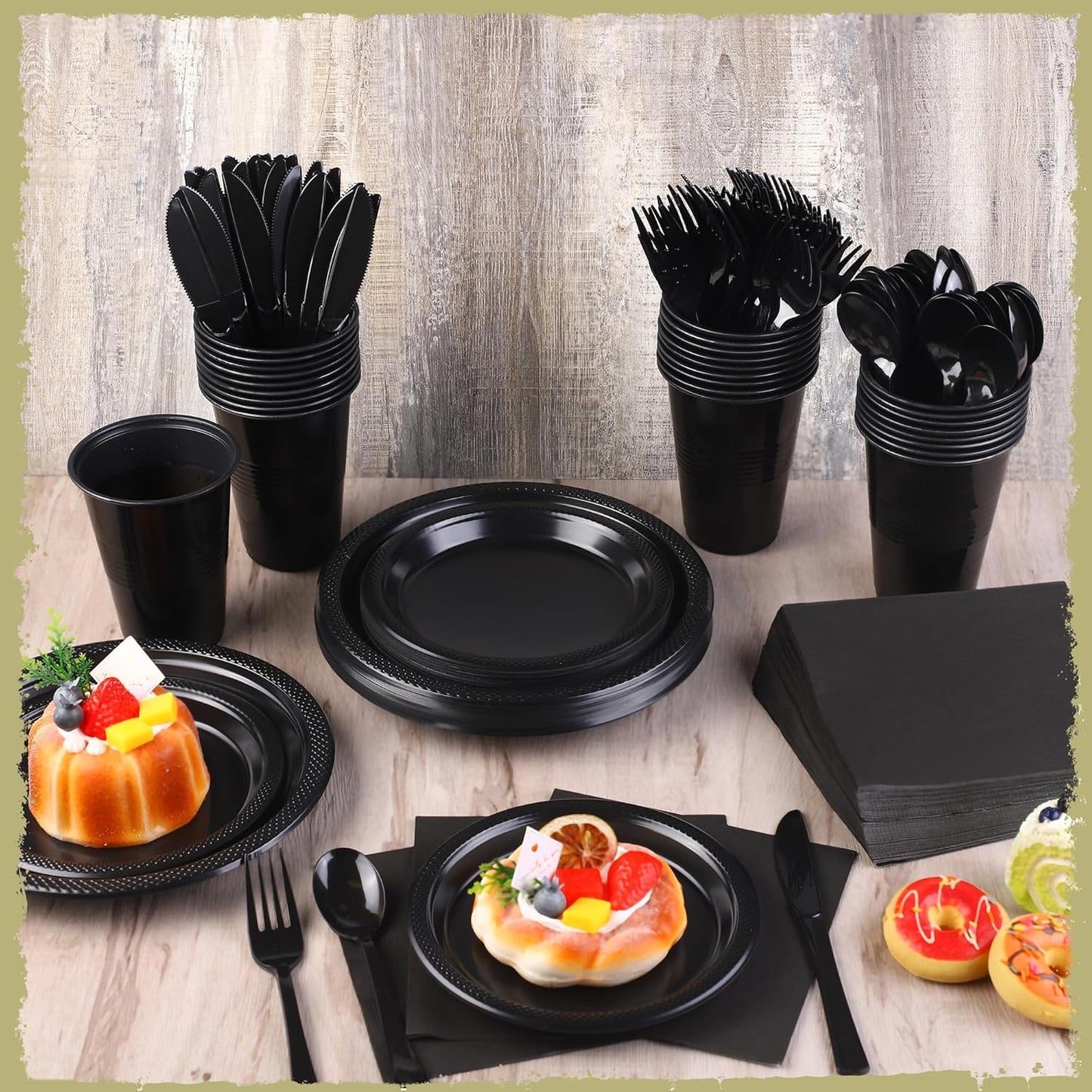 240 Pieces Black Plastic Dinnerware Set for 30 Guests Disposable Party Plates Napkins Cups and Silverware Dessert Dinner Plates for Birthday Wedding Halloween Party Supplies