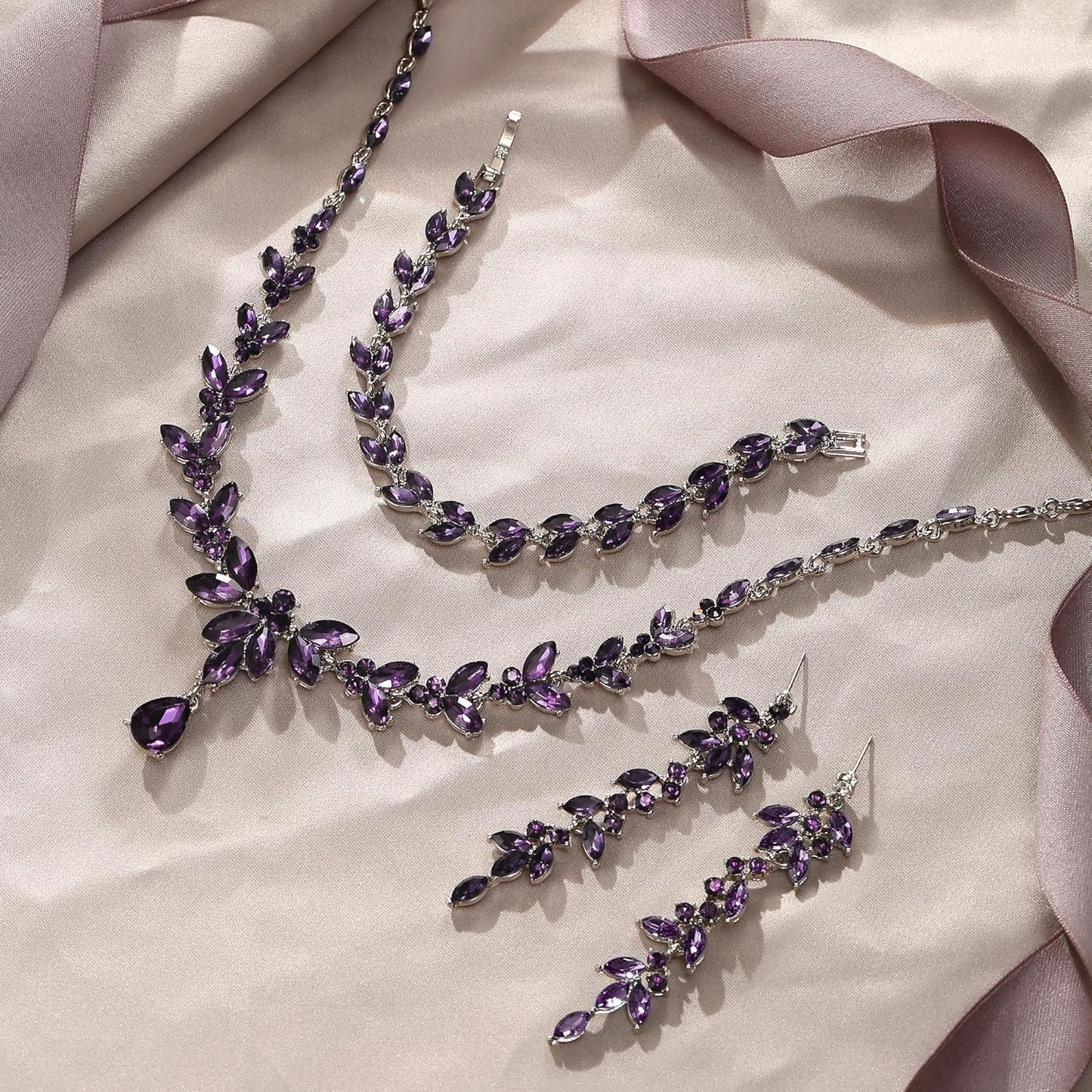 EVER FAITH Austrian Crystal Bridal Bridesmaid Jewelry Sets, Elegant Marquise Rhinestone Leaf Necklace Dangle Earrings Tennis Bracelet Set for Women