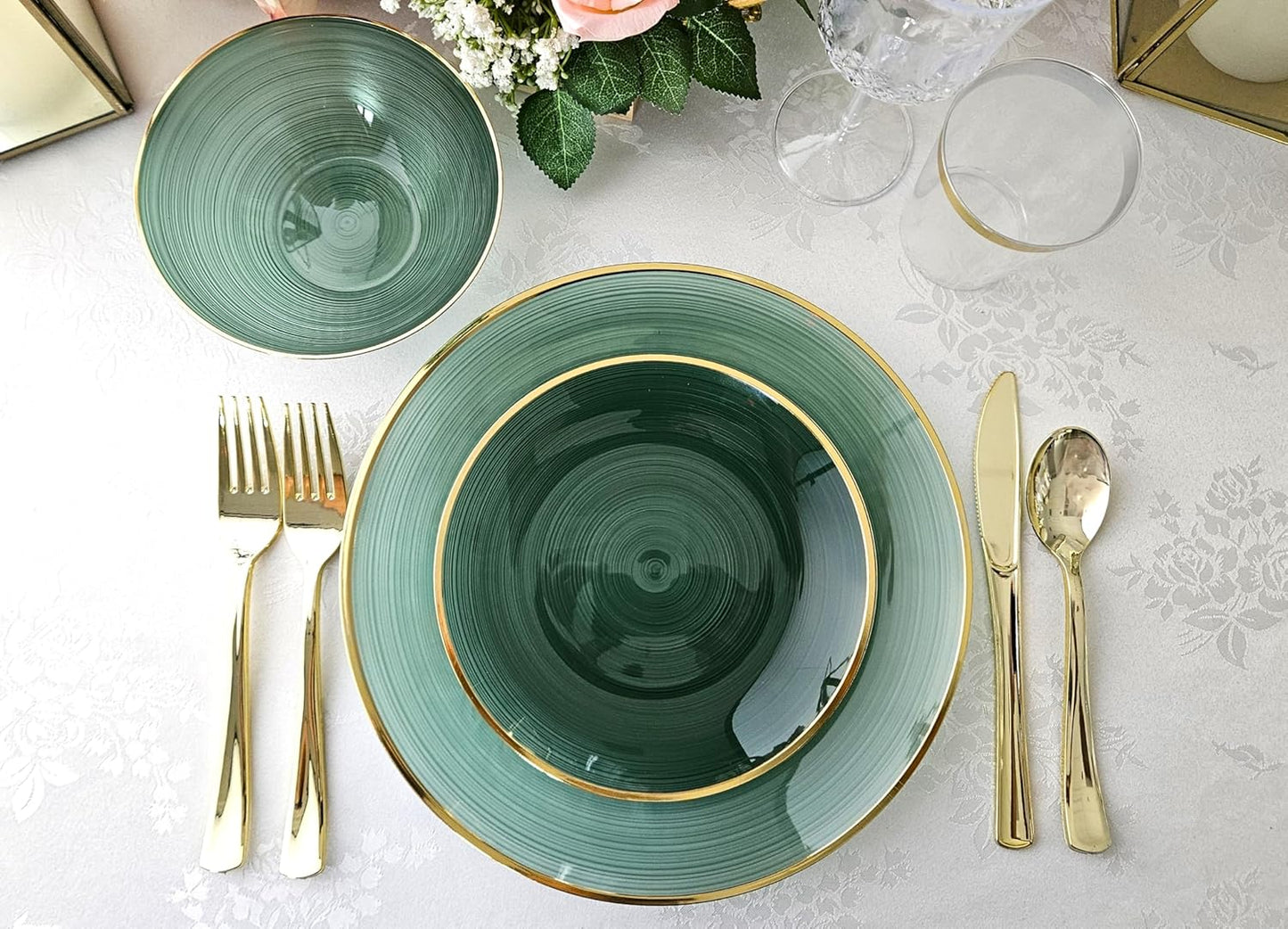" OCCASIONS " 50 Plates Pack (25 Guests)-Wedding Party Disposable Plastic Plate Set -25 x 10'' Dinner + 25 x 7'' Salad & Dessert plates (Belize in Green & Gold)