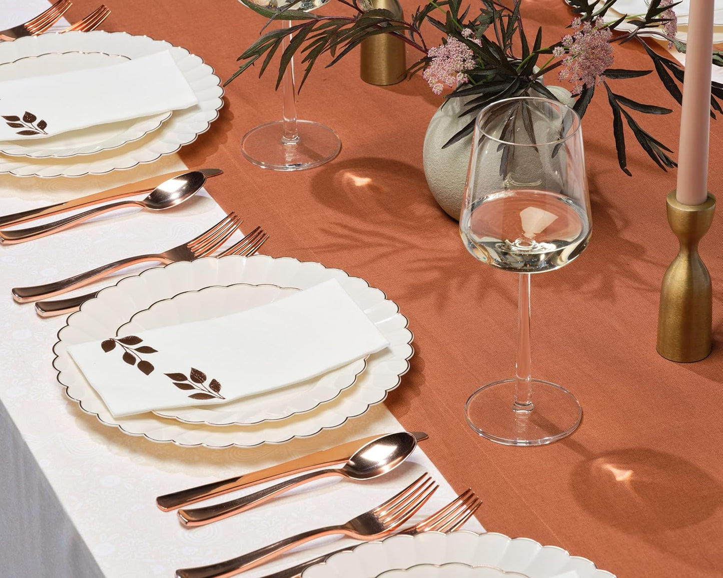 By Madee HEAVYWEIGHT 60 Pc Thanksgiving Disposable Plates – Ivory Scalloped Plastic Plates with Rose Gold Trim | 30 Dinner & 30 Dessert Plates for Fall Parties, Weddings & Friendsgiving