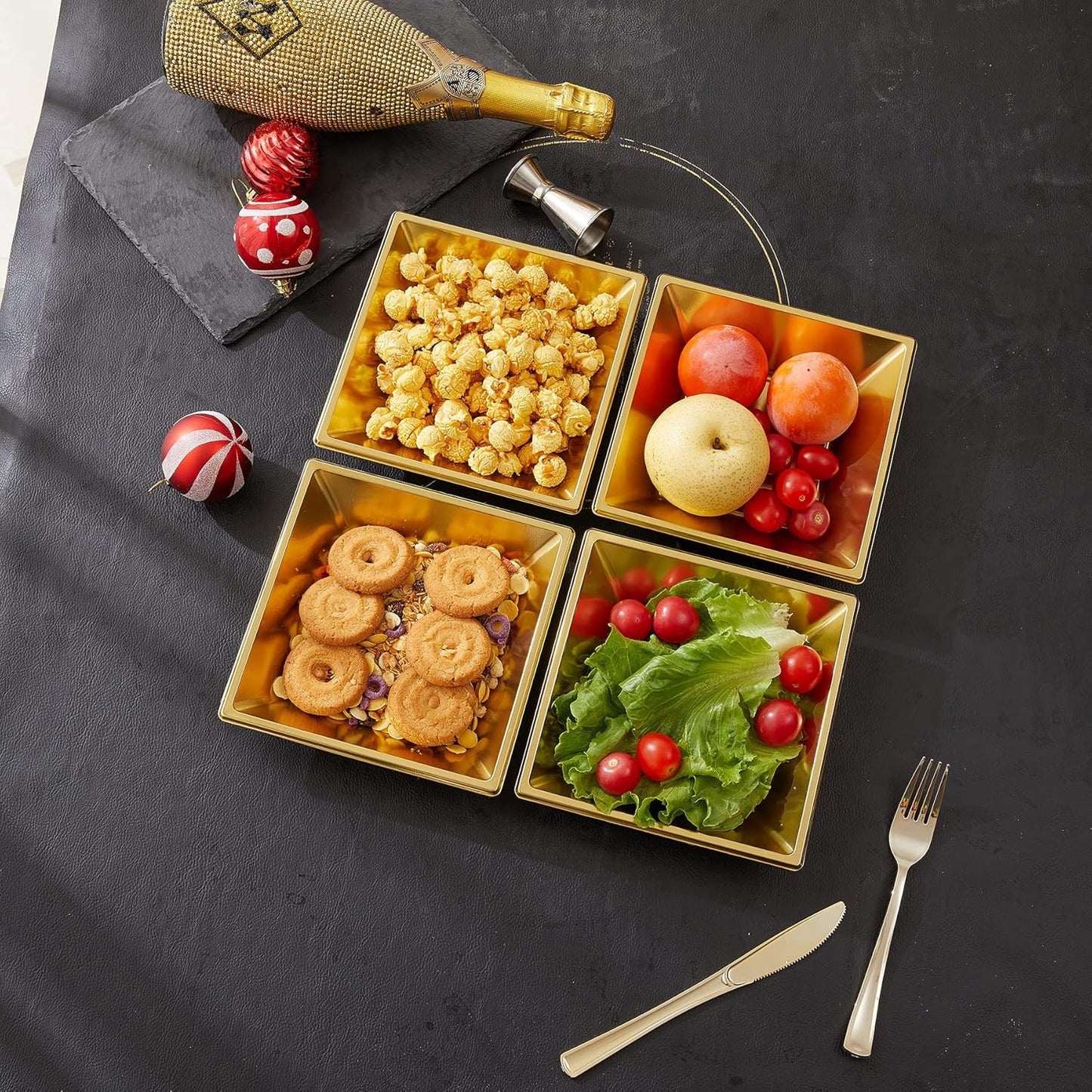 N9R 50 Count Gold Square Plastic Serving Bowls, 12 Oz Disposable Square Bowls for Candy Snake, Salad Bowl Perfect for Party Wedding Birthday