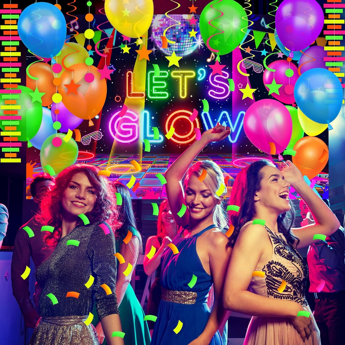 Neon Birthday Party Decoration Glow in The Dark Party Supplies Let's Glow Backdrop Banner Neon Fluorescent Balloons Garland Arch Kit Star Hanging Swirl Black Light Reactive Glow Tape Neon Streamer