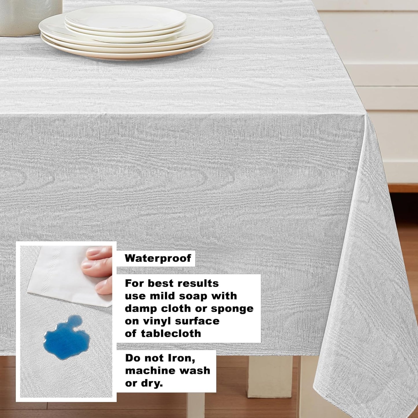 Newbridge Vinyl Flannel Backed Tablecloth, 60 x 84 Inch Rectangle, Silvery White Moire Wavy Solid Design, Heavyweight Indoor Outdoor Waterproof Table Cover, Easy Care Wipe Clean