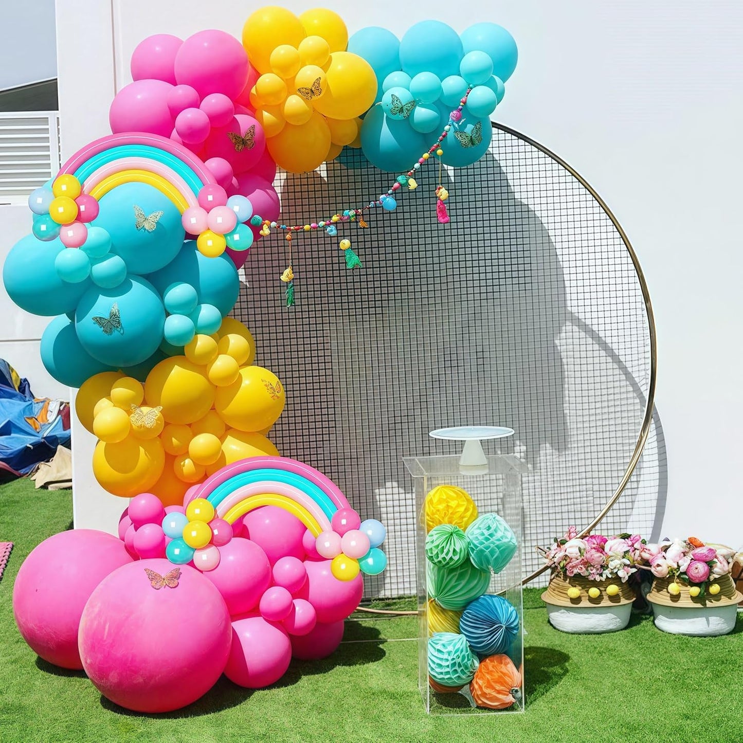 155 Pcs Summer Rainbow Balloons Arch Kit, Hot Pink Teal Blue and Yellow Neon Balloon Garland Kit Pool Birthday Decor, Pastel Pink Blue Colorful Long Balloon as Rainbow Tropical Luau Party Decorations