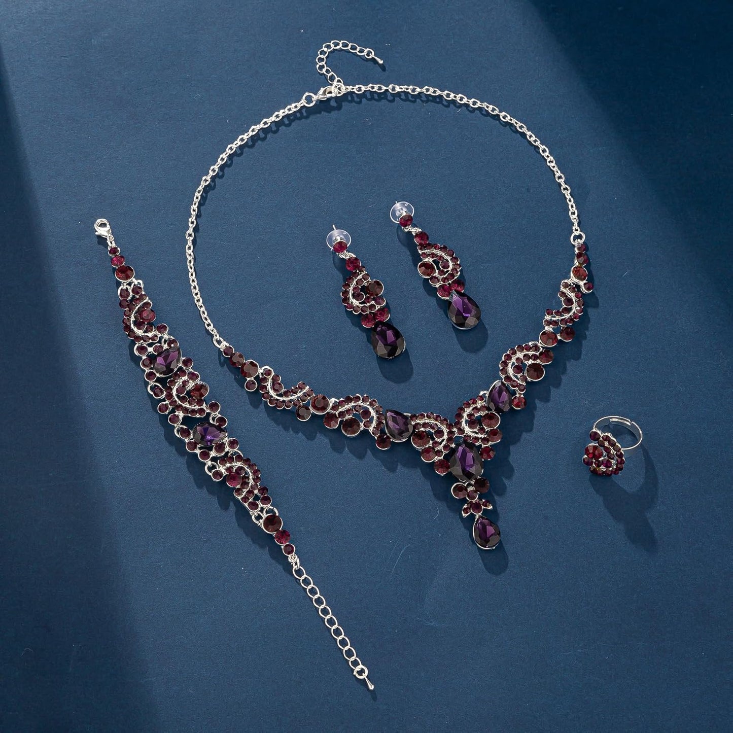 Crystal Bridal Wedding Jewelry Sets for Women Rhinestone Teardrop Crystal Statement Choker Necklace Drop Earrings Link Bracelets Rings Teardrop Jewelry Set for Brides Bridesmaids