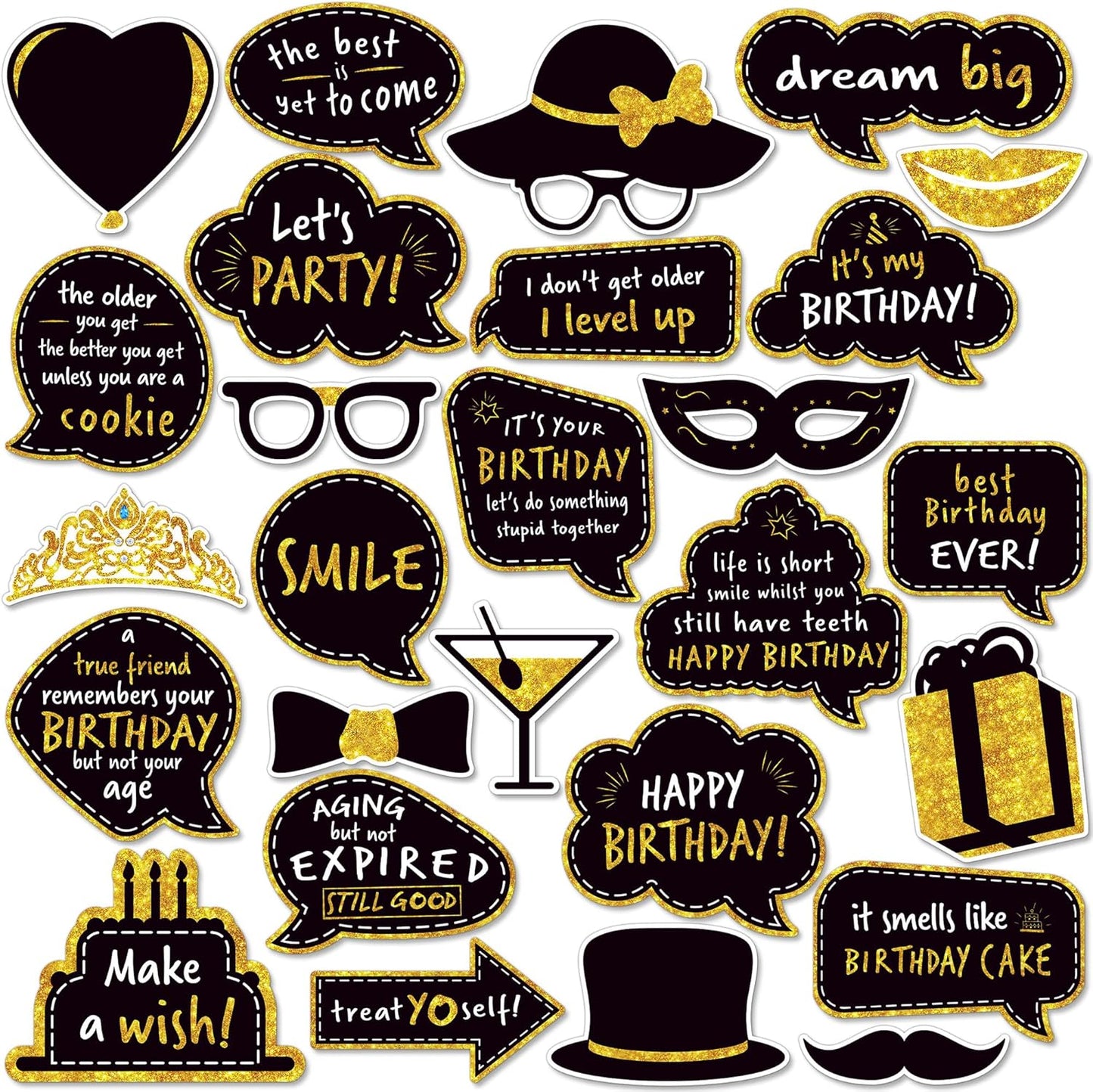 Premium Birthday Photo Booth Props Kit - 27 Pieces Black & Gold Party Decorations - Durable & Easy-to-Use Photobooth Props Signs for Memorable Photos - Party Supply Decorations - by PixiPy