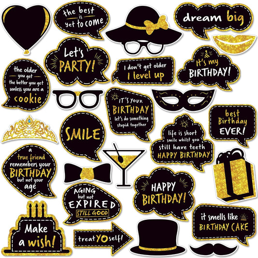 Premium Birthday Photo Booth Props Kit - 27 Pieces Black & Gold Party Decorations - Durable & Easy-to-Use Photobooth Props Signs for Memorable Photos - Party Supply Decorations - by PixiPy